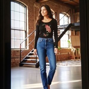 Michelle Nicole Vintage Black Top with Rose Embroidery Artsy Sequin Sz M